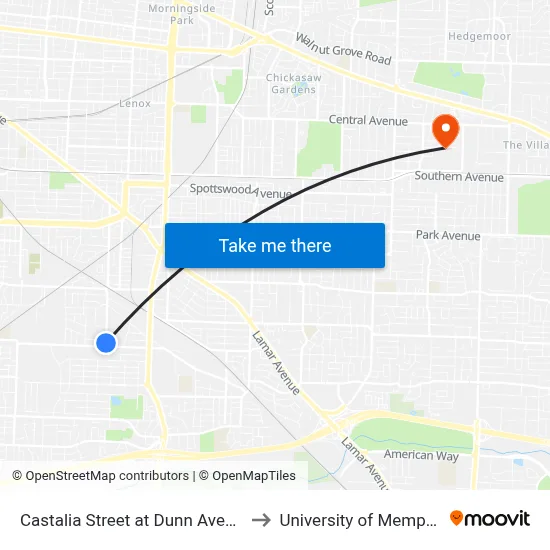 Castalia Street at Dunn Avenue to University of Memphis map