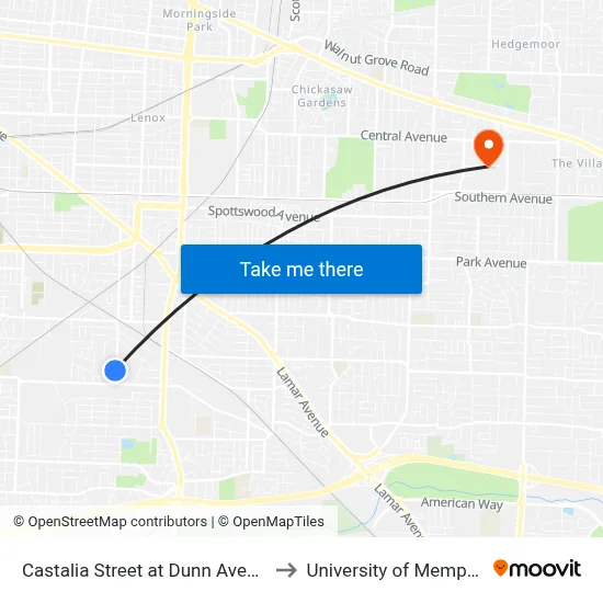 Castalia Street at Dunn Avenue to University of Memphis map