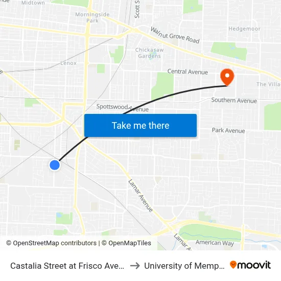 Castalia Street at Frisco Avenue to University of Memphis map
