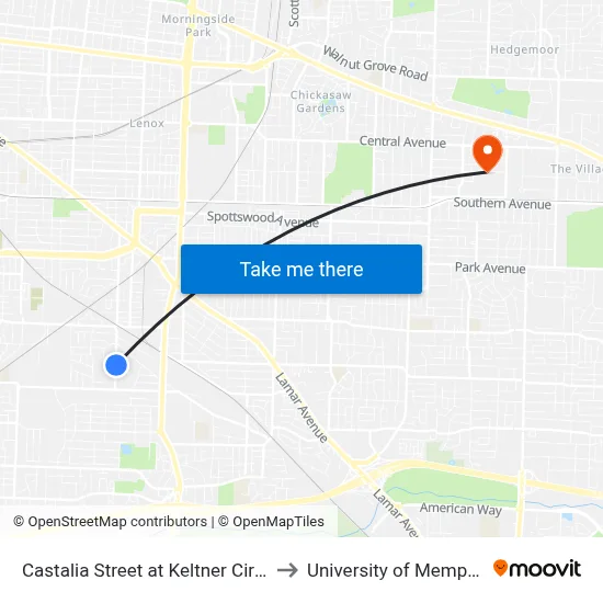Castalia Street at Keltner Circle to University of Memphis map