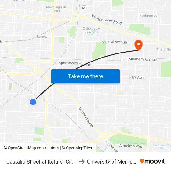 Castalia Street at Keltner Circle to University of Memphis map