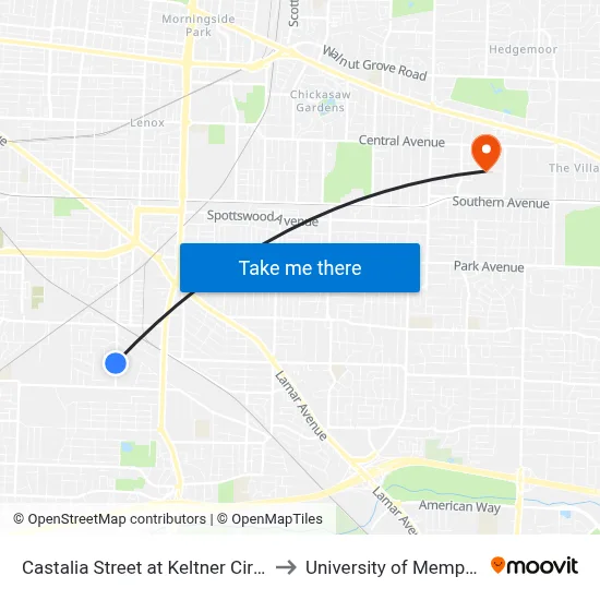 Castalia Street at Keltner Circle to University of Memphis map