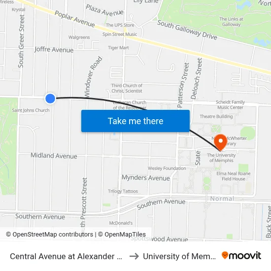 Central Avenue at Alexander Street to University of Memphis map
