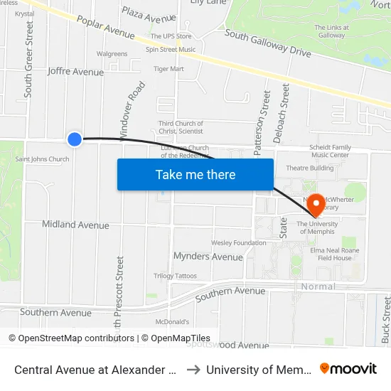 Central Avenue at Alexander Street to University of Memphis map