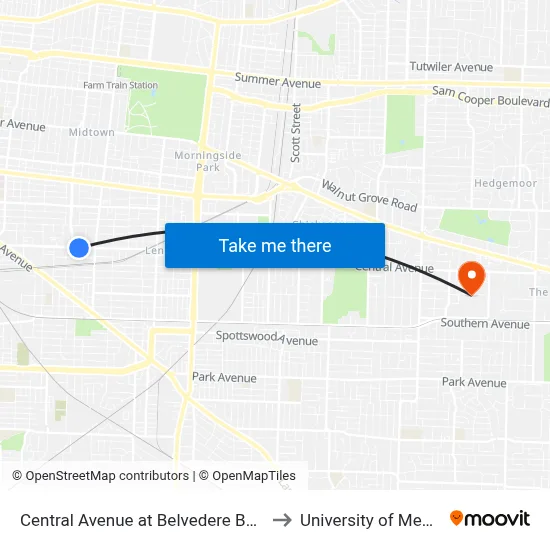 Central Avenue at Belvedere Boulevard to University of Memphis map