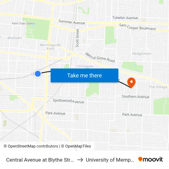 Central Avenue at Blythe Street to University of Memphis map