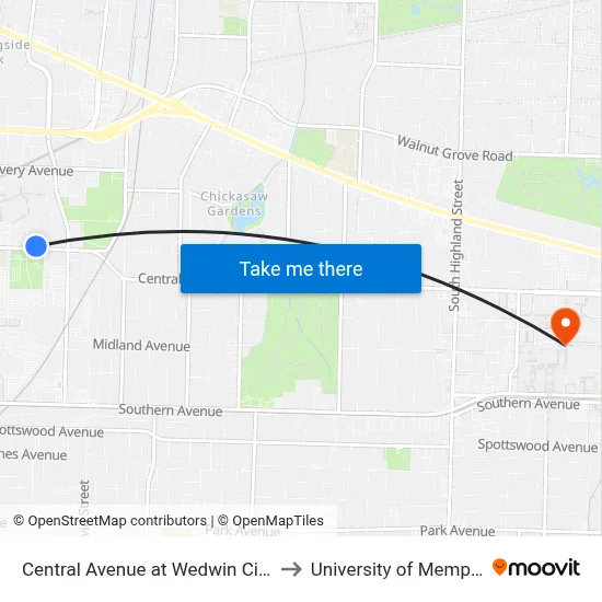 Central Avenue at Wedwin Circle to University of Memphis map