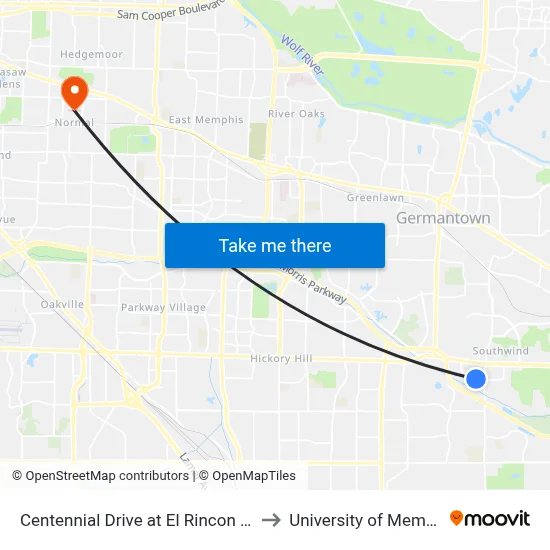 Centennial Drive at El Rincon Drive to University of Memphis map