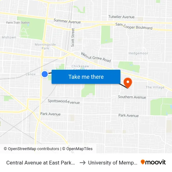 Central Avenue at East Parkway to University of Memphis map