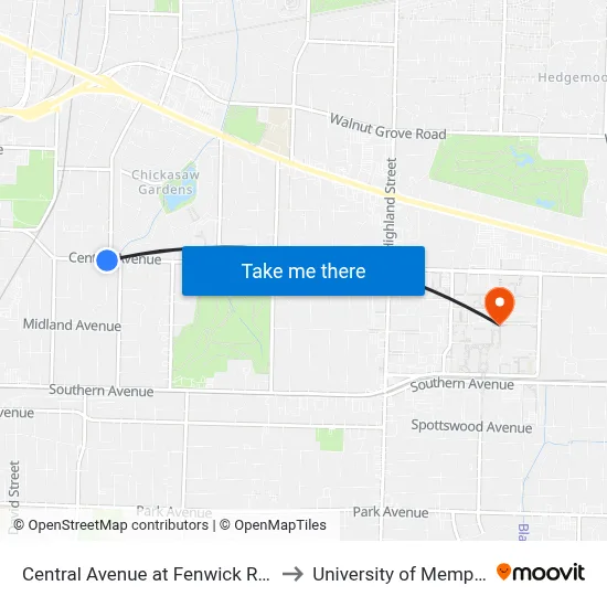 Central Avenue at Fenwick Road to University of Memphis map