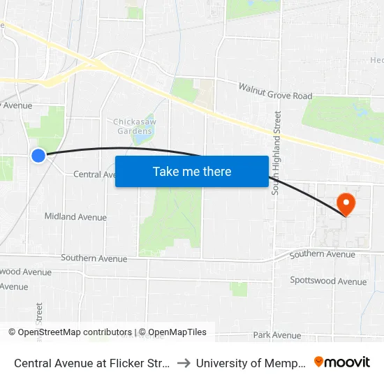 Central Avenue at Flicker Street to University of Memphis map