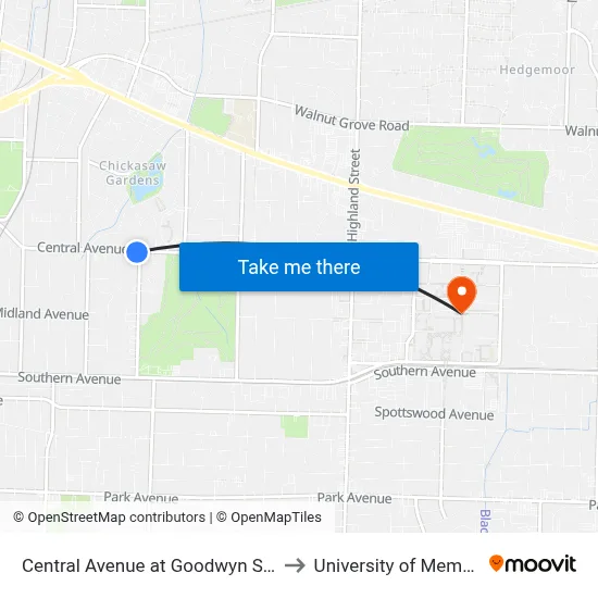 Central Avenue at Goodwyn Street to University of Memphis map