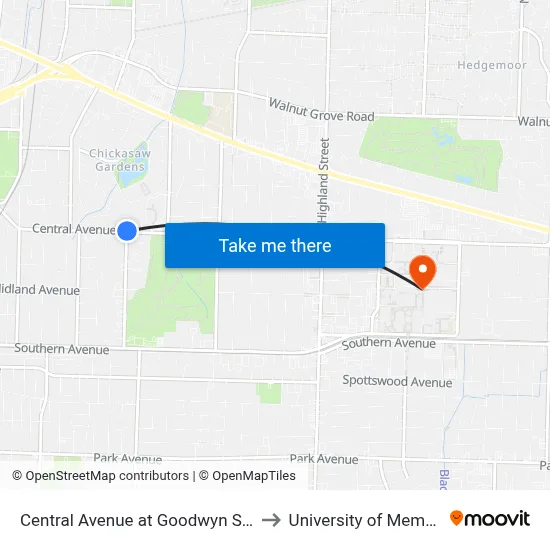Central Avenue at Goodwyn Street to University of Memphis map