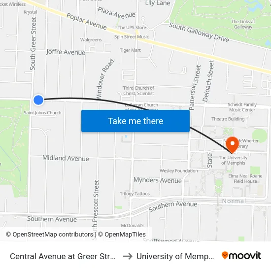 Central Avenue at Greer Street to University of Memphis map