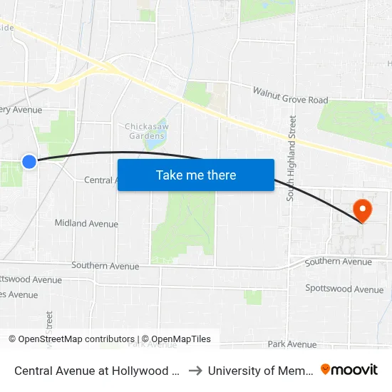 Central Avenue at Hollywood Street to University of Memphis map