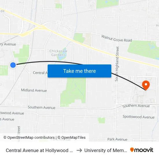 Central Avenue at Hollywood Street to University of Memphis map