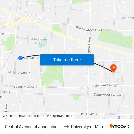 Central Avenue at Josephine Street to University of Memphis map