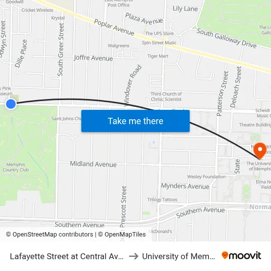 Lafayette Street at Central Avenue to University of Memphis map