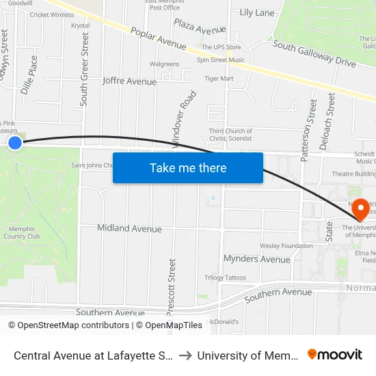 Central Avenue at Lafayette Street to University of Memphis map