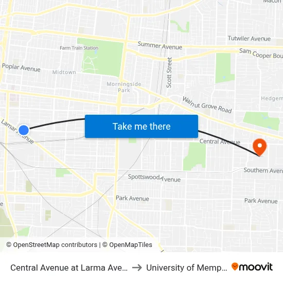 Central Avenue at Larma Avenue to University of Memphis map