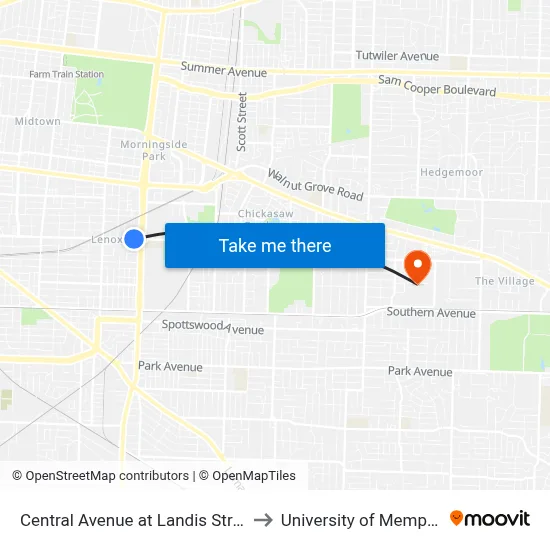 Central Avenue at Landis Street to University of Memphis map