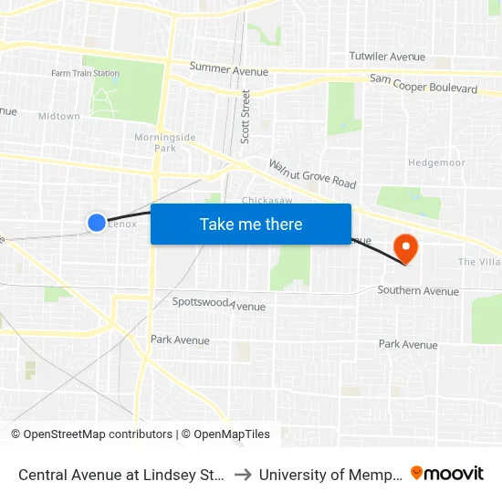 Central Avenue at Lindsey Street to University of Memphis map