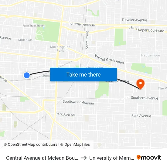Central Avenue at Mclean Boulevard to University of Memphis map