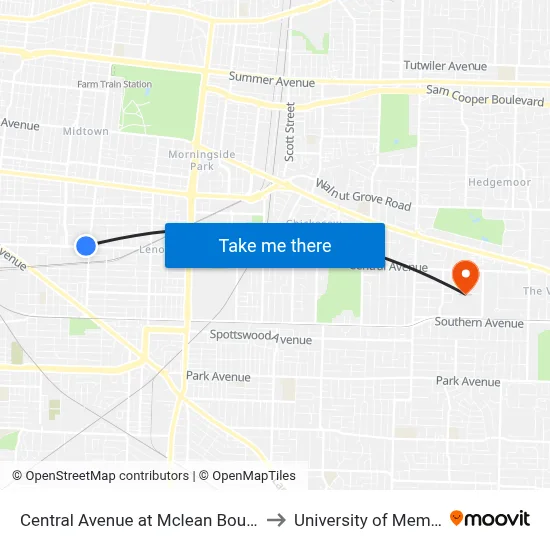 Central Avenue at Mclean Boulevard to University of Memphis map