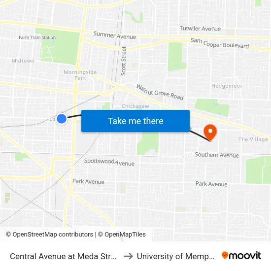 Central Avenue at Meda Street to University of Memphis map