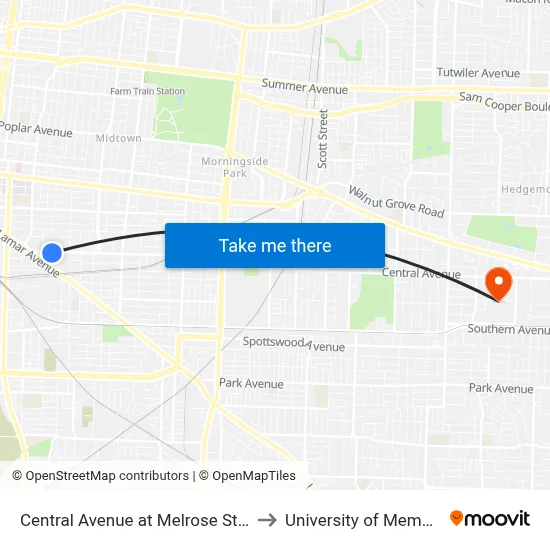 Central Avenue at Melrose Street to University of Memphis map