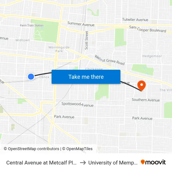 Central Avenue at Metcalf Place to University of Memphis map