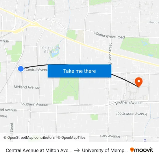 Central Avenue at Milton Avenue to University of Memphis map