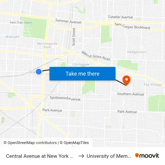 Central Avenue at New York Street to University of Memphis map