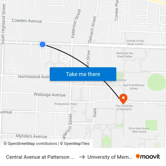 Central Avenue at Patterson Street to University of Memphis map