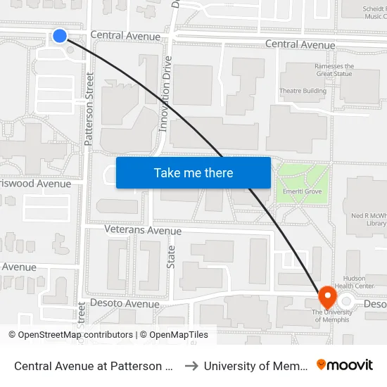 Central Avenue at Patterson Street to University of Memphis map