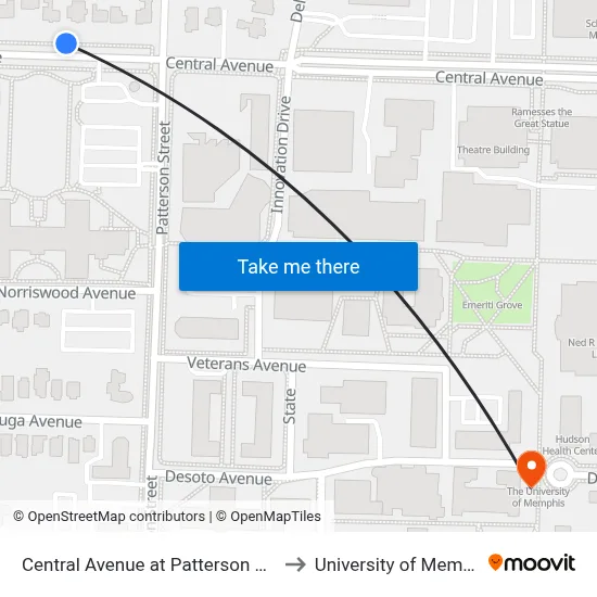 Central Avenue at Patterson Street to University of Memphis map