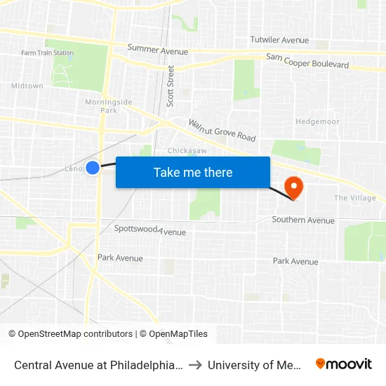 Central Avenue at Philadelphia Street to University of Memphis map