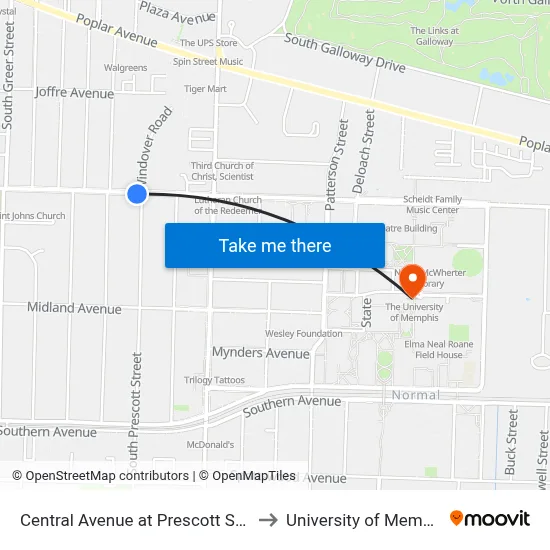 Central Avenue at Prescott Street to University of Memphis map