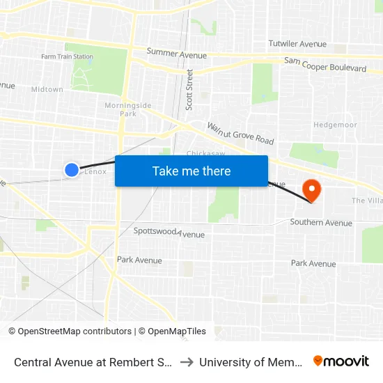 Central Avenue at Rembert Street to University of Memphis map