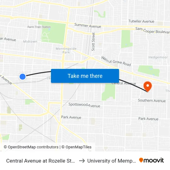 Central Avenue at Rozelle Street to University of Memphis map