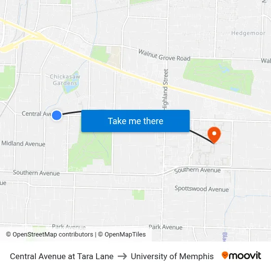 Central Avenue at Tara Lane to University of Memphis map