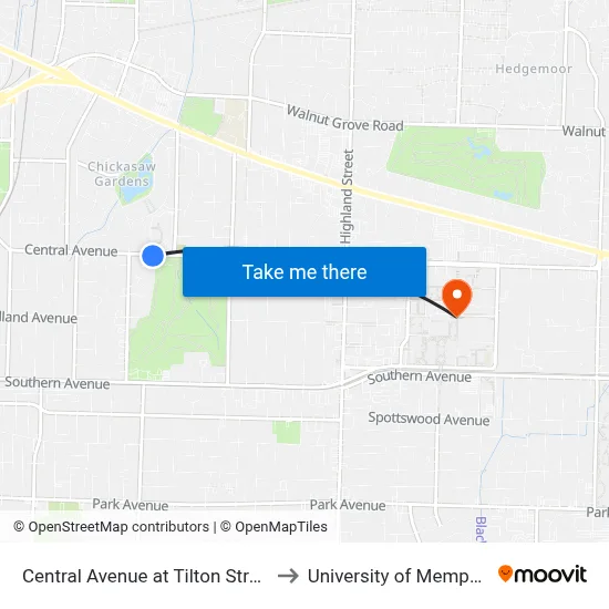 Central Avenue at Tilton Street to University of Memphis map