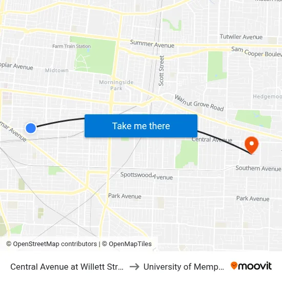 Central Avenue at Willett Street to University of Memphis map