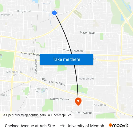Chelsea Avenue at Ash Street to University of Memphis map