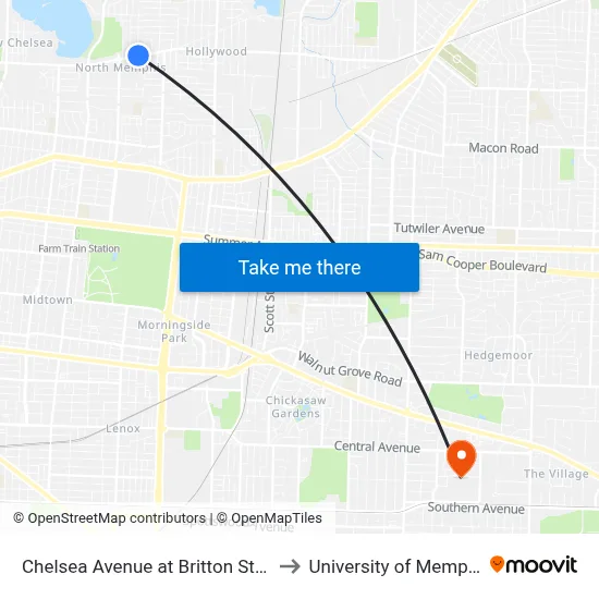 Chelsea Avenue at Britton Street to University of Memphis map