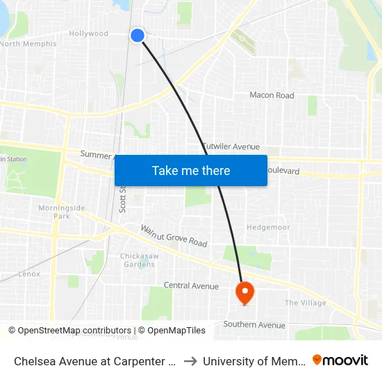 Chelsea Avenue at Carpenter Street to University of Memphis map