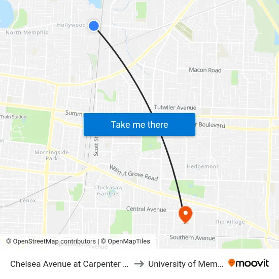 Chelsea Avenue at Carpenter Street to University of Memphis map