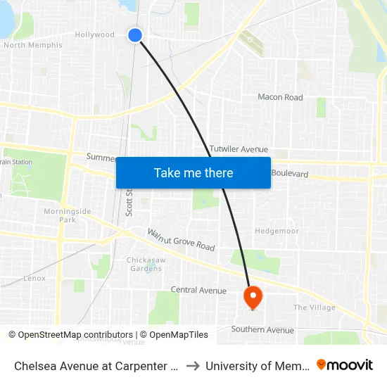 Chelsea Avenue at Carpenter Street to University of Memphis map