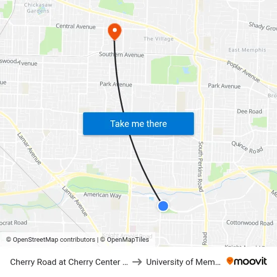 Cherry Road at Cherry Center Drive to University of Memphis map
