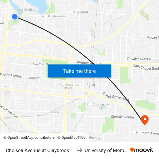 Chelsea Avenue at Claybrook Street to University of Memphis map